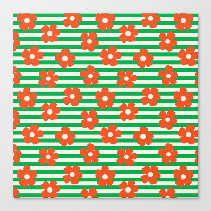 Retro Orange Poppies on Green Stripes Canvas Print