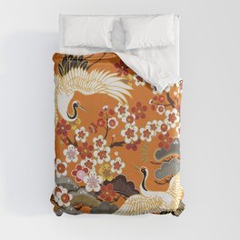 CRANES AND COLOR SAKURA. Colorful floral seamless pattern with flowers, japanese bird. Vintage traditional folk fashion ornament on Orange background. Duvet Cover
