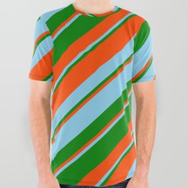 [ Thumbnail: Red, Sky Blue, and Green Colored Stripes/Lines Pattern All Over Graphic Tee ]