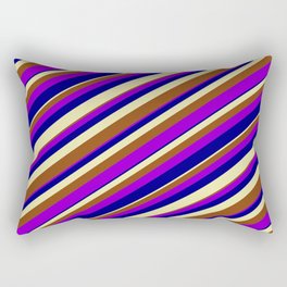 [ Thumbnail: Pale Goldenrod, Brown, Dark Violet & Blue Colored Lined Pattern Rectangular Pillow ]