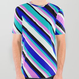[ Thumbnail: Eyecatching Blue, Dark Turquoise, Violet, Mint Cream, and Black Colored Stripes Pattern All Over Graphic Tee ]