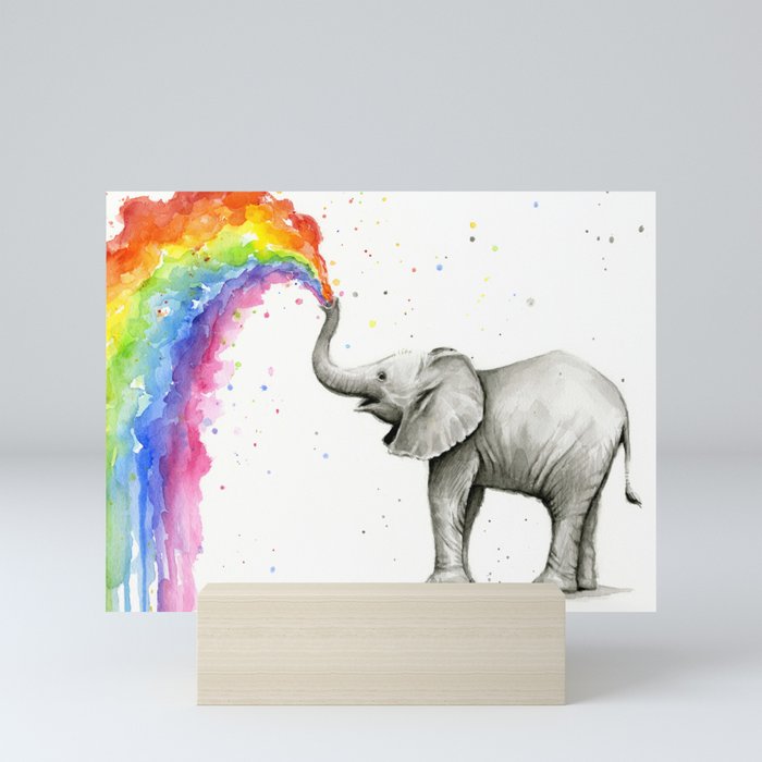 Baby Elephant Spraying Rainbow Mini Art Print