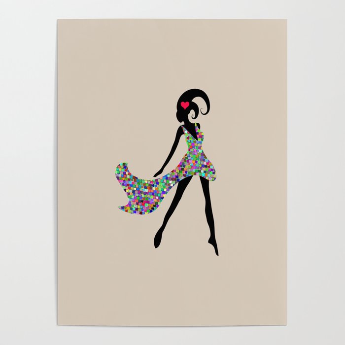 Female silhouette in flowered dress with mosaic heart in hair Poster