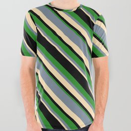[ Thumbnail: Light Slate Gray, Beige, Black, and Forest Green Colored Lined Pattern All Over Graphic Tee ]