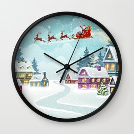 Santa and Reindeer on Christmas Background. Winter Christmas scene with snow covered houses and pine forest. Holiday vintage Background Wall Clock