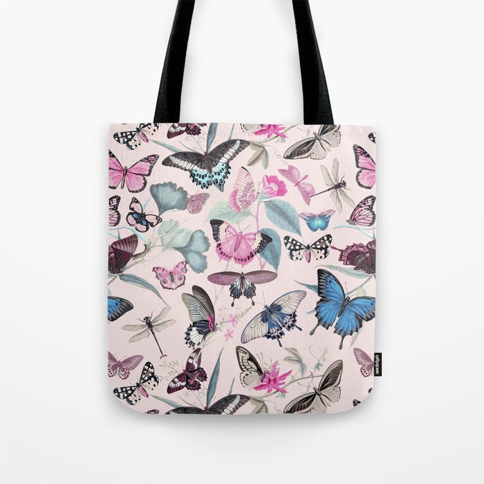 Nostalgic Pastel Butterfly And Flower Pattern Pink Tote Bag