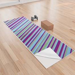 [ Thumbnail: Purple, Light Sky Blue & Dark Sea Green Colored Lined/Striped Pattern Yoga Towel ]