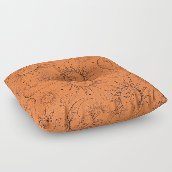 Orange Magic Celestial Sun Moon Stars Floor Pillow