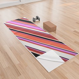 [ Thumbnail: Eye-catching Violet, Brown, Red, White & Black Colored Striped/Lined Pattern Yoga Towel ]
