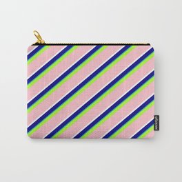 [ Thumbnail: Vibrant Light Green, Pink, White, Blue & Light Sea Green Colored Lined/Striped Pattern Carry-All Pouch ]