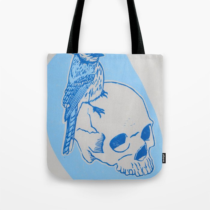 Bluejay and Skull Reduction Linocut Print Tote Bag