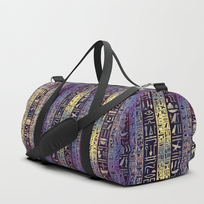 Egyptian hieroglyphs on purple violet painted texture Duffle Bag