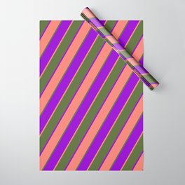 [ Thumbnail: Dark Olive Green, Dark Violet & Salmon Colored Striped/Lined Pattern Wrapping Paper ]