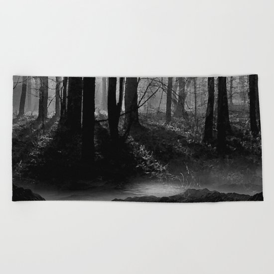 Mystical Dark & Eerie Forest with Moon (Black & White) Beach Towel