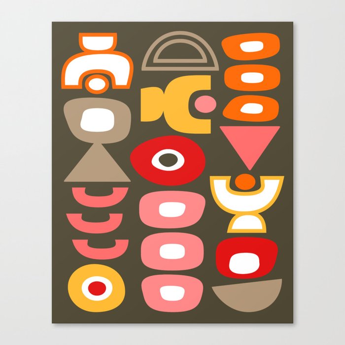 Mid Century Modern Retro Geometric Shapes // Dark Brown, Coral, Pink, Marigold Yellow, Red, Orange, Taupe, White Canvas Print