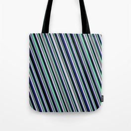 [ Thumbnail: Light Grey, Midnight Blue, Black, Aquamarine & Dim Grey Colored Lined/Striped Pattern Tote Bag ]