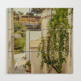 Traditional Greek Street Scene | White Houses Overgrown with Plants | Summer Travel Photography in Greece, Europe Wood Wall Art