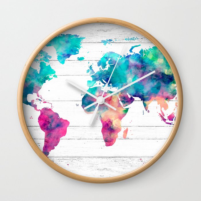 World Map Watercolor Paint On White Wood Wall Clock By Mapmaker World Map Watercolor Paint On White Wood Wall Clock