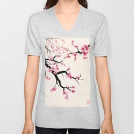 Sumi-e cherry blossoms V Neck T Shirt