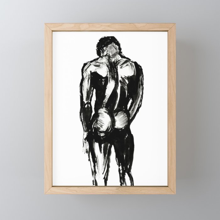 Nude Art, Naked Black African American Men, Erotic, Erotica, Sexy, Ink, Watercolor, Mature, Nudity Framed Mini Art Print