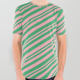 [ Thumbnail: Light Pink & Sea Green Colored Lined Pattern All Over Graphic Tee ]