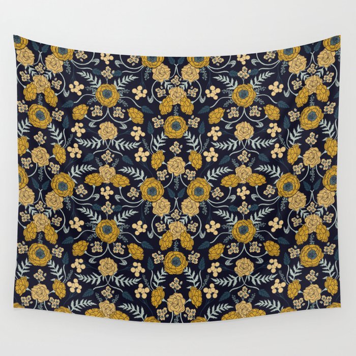 Navy Blue Turquoise Cream Mustard Yellow Dark Fl Pattern
