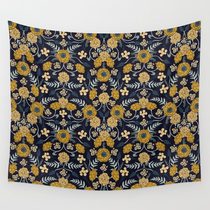 Navy Blue, Turquoise, Cream & Mustard Yellow Dark Floral Pattern Wall Tapestry
