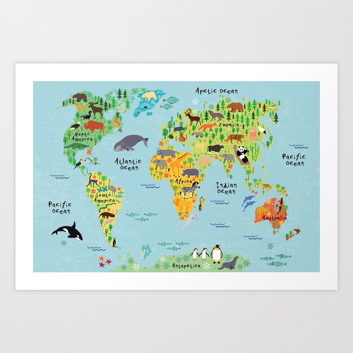 Animal World Map Art Print By Littleuniverseshop Society6
