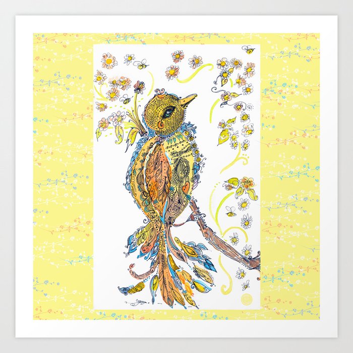Yellow Flourished Doodle Bird Art Print
