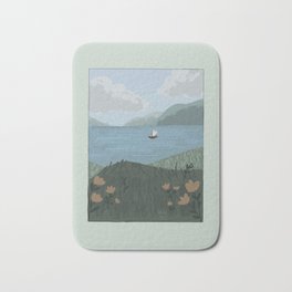 aesthetic boat on a lake with flowers scene Bath Mat