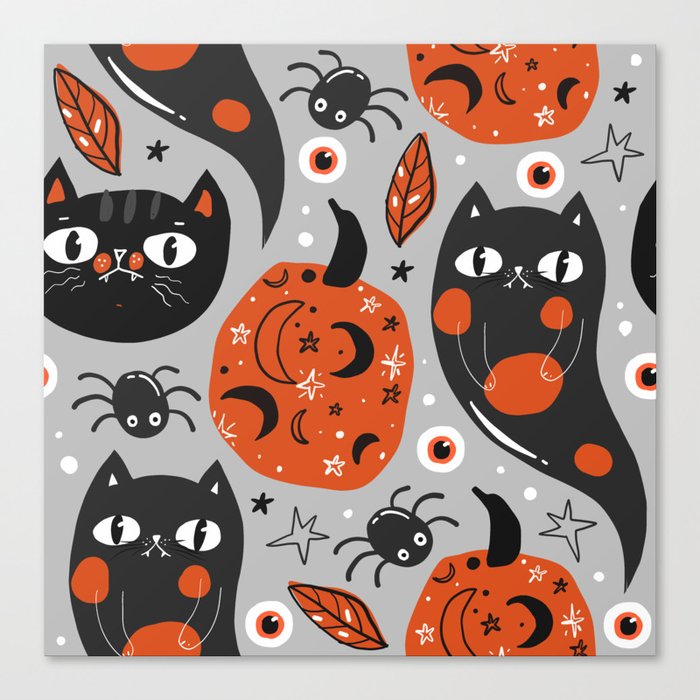Halloween Seamless Pattern with Cute Pumpkins and Black Cats 01 Canvas Print