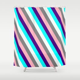 [ Thumbnail: Colorful Indigo, Cyan, Mint Cream, Grey, and Light Pink Colored Lined/Striped Pattern Shower Curtain ]