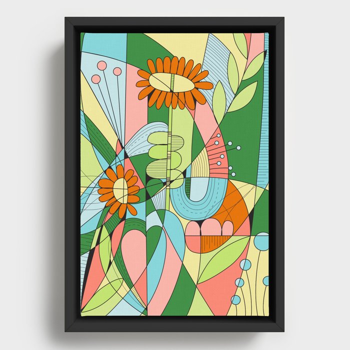 Orange and Blue Abstract Floral Framed Canvas