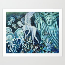 Statue of Liberty Underwater Art Print | 45Thpresidency, Collaborationforchange, Underwater, Statueofliberty, Underthesea, Liberty, Hands, Painting, Blue, Aquaticlife 