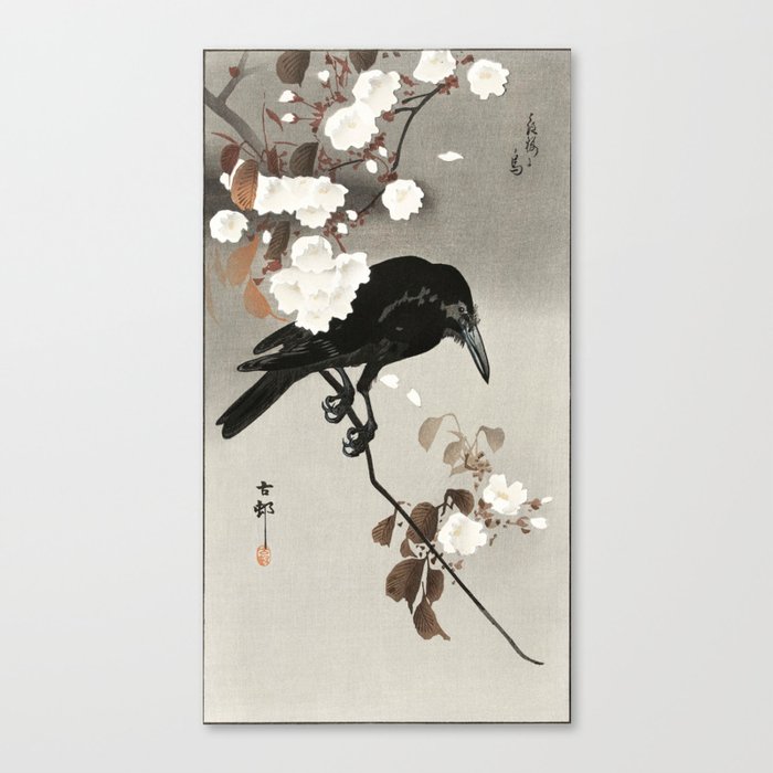 Japanese Painting of Crow And Cherry Blossom Vintage Bird And Cherry Blossom Japanese Woodblock Canvas Print