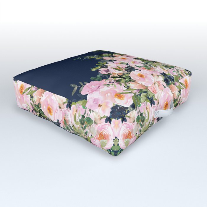 Boho, Floral Watercolor, Roses, Navy Blue and Pink Outdoor Floor Cushion