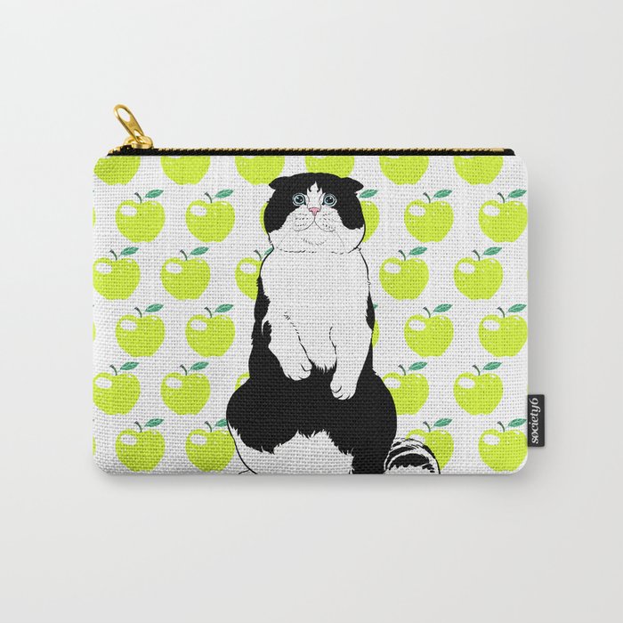 Black and White Scottish Fold Cat and Green Apples Carry-All Pouch