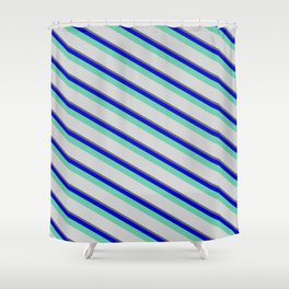 [ Thumbnail: Dim Grey, Blue, Aquamarine & Light Grey Colored Lined/Striped Pattern Shower Curtain ]