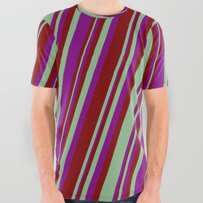 Dark Sea Green, Purple, and Maroon Colored Striped/Lined Pattern All Over Graphic Tee
