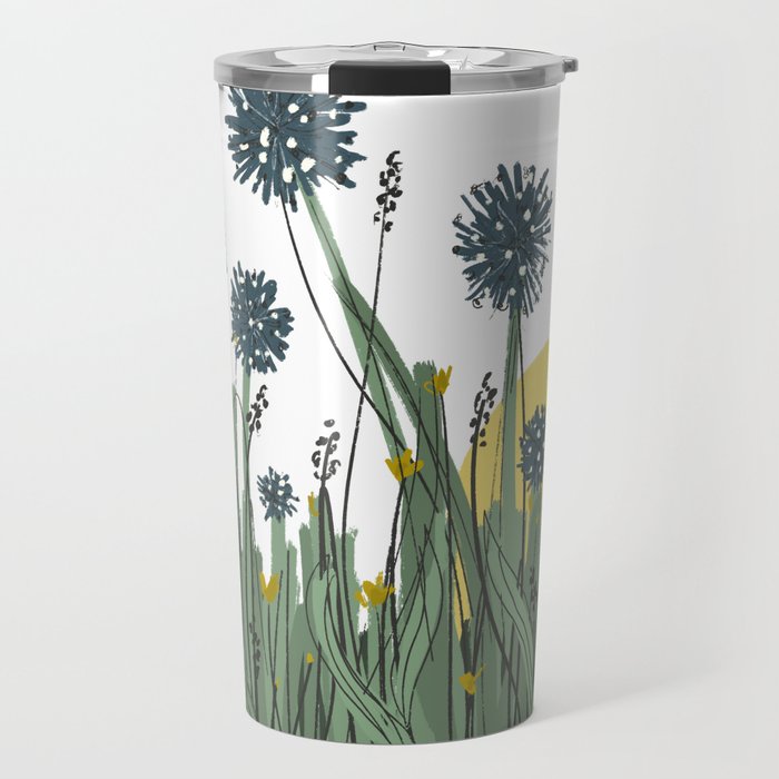 Wildflower Meadow Sunrise - Aster Allium Wheat Grass Loose Sketchy Drawing Travel Mug