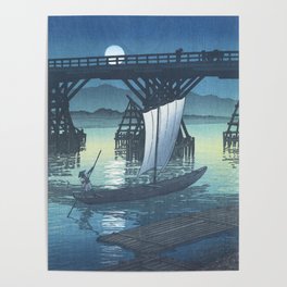 Asahi Bridge At Moonlight - Vintage Japanese Woodblock Print Art Poster