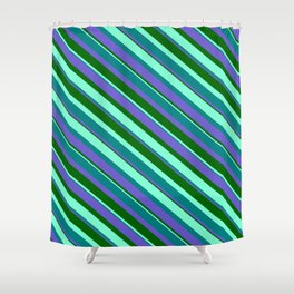 [ Thumbnail: Aquamarine, Teal, Slate Blue, and Dark Green Colored Striped Pattern Shower Curtain ]