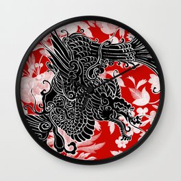 Asian Dragon Black on Red Floral Wall Clock | Graphicdesign, Orientaldragons, Asiandragons, Japanesedragons, Chinesedragons, Asianart, Dragons, Japaneseart, Black, Mythologicalanimals 