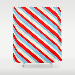 [ Thumbnail: Sky Blue, Beige & Red Colored Lines Pattern Shower Curtain ]