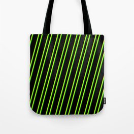 [ Thumbnail: Black, Yellow, and Lime Colored Pattern of Stripes Tote Bag ]