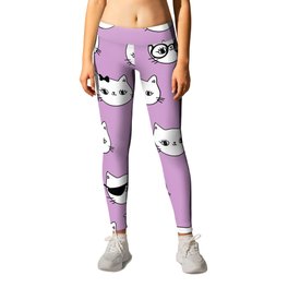 Cute pink pattern with stars glasses wow cats. Pets seamless background. Textiles for children Leggings