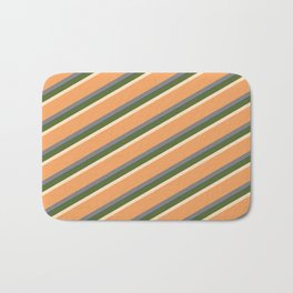 [ Thumbnail: Vibrant Dark Olive Green, Bisque, Brown, Gray, and Dark Blue Colored Striped Pattern Bath Mat ]