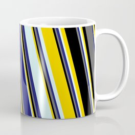 [ Thumbnail: Yellow, Light Cyan, Midnight Blue, Dim Grey & Black Colored Striped Pattern Coffee Mug ]