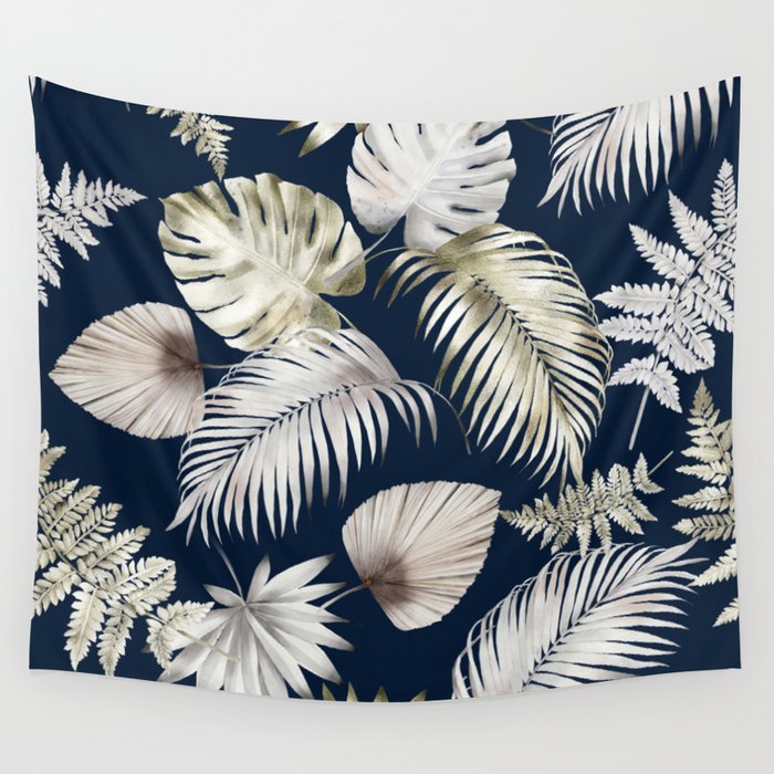 Elegant Tropical Leaves on Navy Blue Wall Tapestry