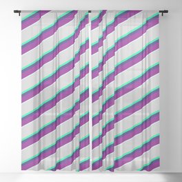[ Thumbnail: Vibrant Light Gray, Green, Midnight Blue, Purple & Light Cyan Colored Striped/Lined Pattern Sheer Curtain ]